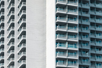 Facade of the residential building. Modernism-style building.