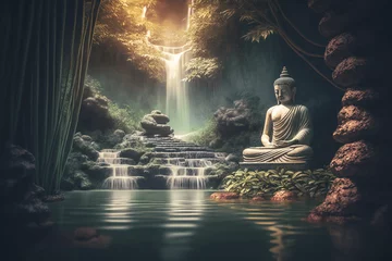 Keuken spatwand met foto Zen garden with buddha statue and lotus flower. Generative AI © Marc Andreu