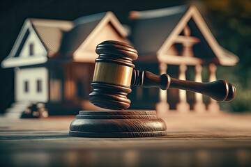 Judge auction and real estate concept.Gavel justice hammer and house model. Real estate law. Taxes and profits to invest in real estate and home buying. Generative AI