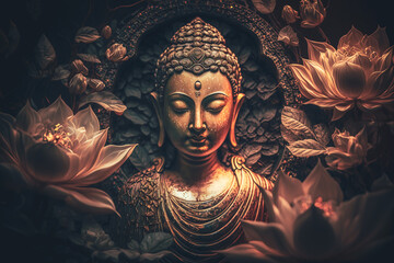 buddha statue and lotus flower. Generative AI - obrazy, fototapety, plakaty