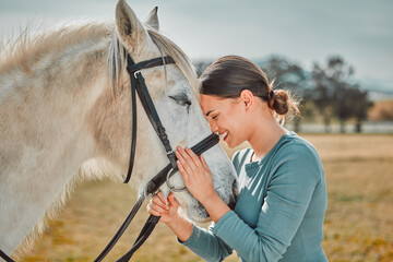 .Happy, horse and hug with woman in countryside for adventure, race and embrace. Relax, smile and...