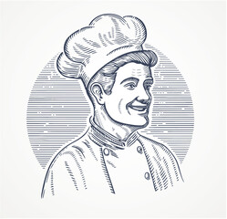 Chef cook, illustration drawn in the graphic style of an engraving. Vector illustration.