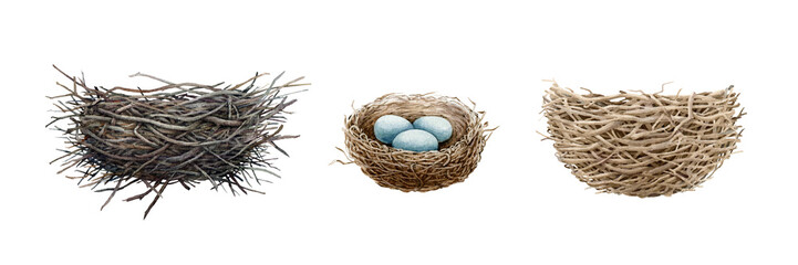 Bird nest watercolor illustration set. Hand drawn different birds nests made of sticks, branches, straw. Natural wildlife elements. Bird houses for nesting and laying. White background - obrazy, fototapety, plakaty