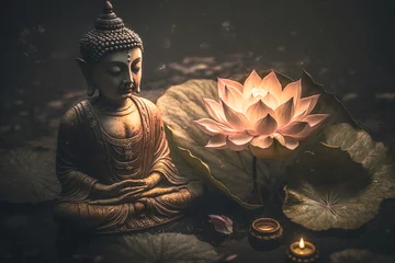Tuinposter buddha statue and lotus flower. Generative AI © Marc Andreu