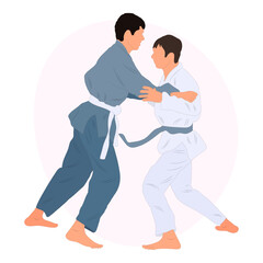Athlete judoist, judoka, fighter in a duel, fight, match. Judo sport, martial art. Flat style.
