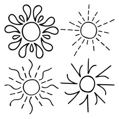Fototapeta na wymiar Doodle outlines of the sun. Vector drawing of sunbeams. Variety of sunbeams