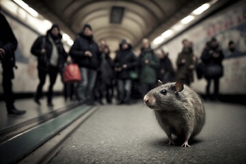 Rat dans le métro parisien, au milieu des passagers amusés - illustration ia - obrazy, fototapety, plakaty