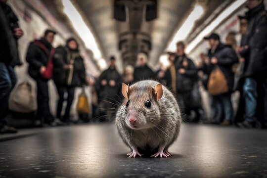 Rat dans le m&eacute;tro parisien, au milieu des passagers amus&eacute;s - illustration ia
