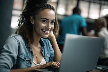 smile woman working with laptop at office