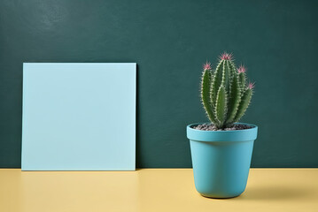 Potted cactus on table portrait and copy space. Generative AI.