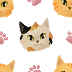 Cats seamless pattern. Cute cats faces and paws. Orahge cat and calico tri-color cat. High resolution, 300dpi, transparent background