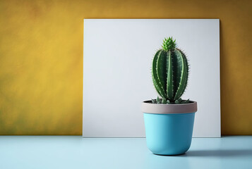 Potted cactus on table portrait and copy space. Generative AI.