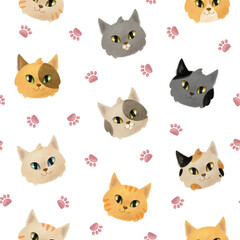 Cats seamless pattern. Cute cats faces and paws. Different cat breeds. High resolution, 300dpi, transparent background