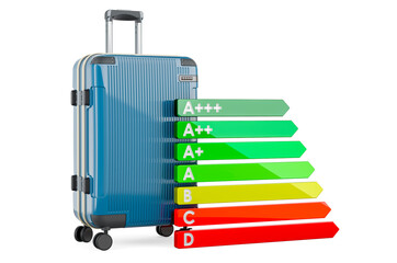Suitcase with energy efficiency chart, 3D rendering