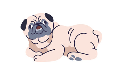 Cute dog, pug breed. Funny puppy, small canine animal lying. Little purebred doggy, pup. Adorable lovely amusing wrinkled pet relaxing. Flat vector illustration isolated on white background