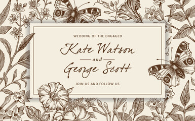 Wedding invitation bouquet. Butterflies peacock moths. Blooming flowers vintage greeting card. Frame Baroque Drawing engraving. Jasmine Petunia Croton isolated Wallpaper background Vector illustration