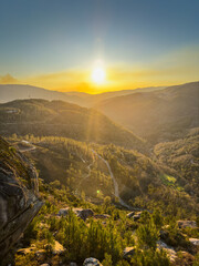 Sunset view of Fafiao viewpoint and hills in Geres National Park. Northen Portugal