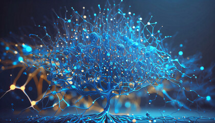 A blue multi-layered neural network visualization in the shape of a brain with connected nodes. Big Data, Artificial Intelligence and Molecular Biology Concept. Digital Art Illustration.