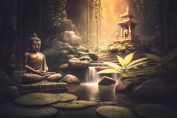 Fototapeten Zen garden with buddha statue and lotus flower. Generative AI © Marc Andreu