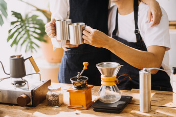 Couple or asian people to smell coffee bean, make or brew coffee in kitchen home. Include cup, mug,...