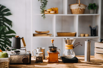 Couple or asian people to smell coffee bean, make or brew coffee in kitchen home. Include cup, mug, bottle and kitchenware on table. Concept for morning lifestyle, love, happy, family, relationship.