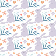 Fototapeta na wymiar Easter bunnies in flowers seamless pattern. Spring floral background with hares. Print cute animals and botanical motifs. Model for textile, packaging, paper, fabric and product design, vector