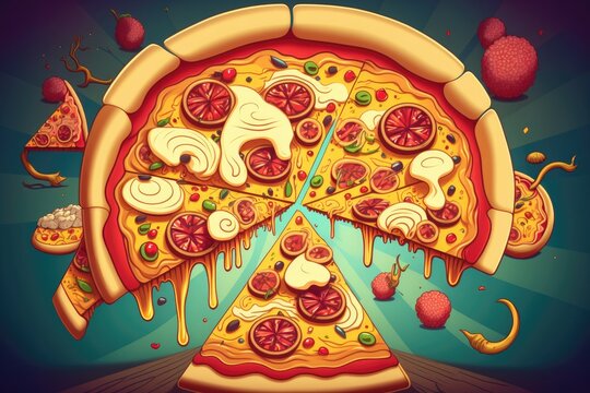 Abstract fast food pizza cartoon style. Generative AI