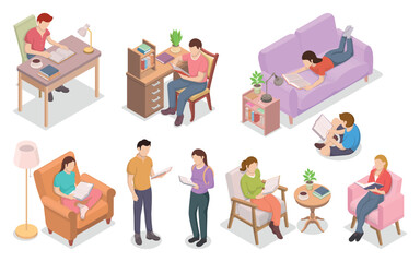 Reading people isometric set. Human characters standing and sitting on chair, lying on sofa with books. Male and female self education or leisure.
