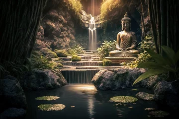 Zelfklevend Fotobehang Zen garden with buddha statue and lotus flower. Generative AI © Marc Andreu