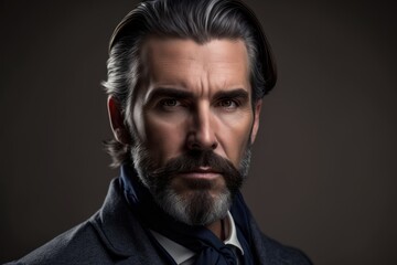 Fototapeta premium retrato de estudio hombre maduro elegante de mirada penetrante muy seguro de si mismo, apuesto directivo de empresa, creado con IA generativa