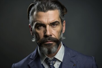 Obraz premium retrato de estudio hombre maduro elegante de mirada penetrante muy seguro de si mismo, apuesto directivo de empresa, creado con IA generativa