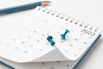 Calendar 2023 with pinned date, closeup