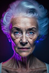 Fotografía de estudio mujer mayor, fotografía moderna con luces de neón a mujer anciana, creado con IA generativa