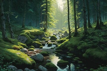 Serene and quiet forest scene, with towering trees, a babbling brook, and a soft carpet of green moss. Generative AI