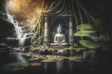 Foto op Canvas Zen garden with buddha statue and lotus flower. Generative AI © Marc Andreu