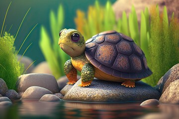 Cute Cartoon Turtle Sitting on a Rock next to a Pond (Created with Generative AI) - obrazy, fototapety, plakaty