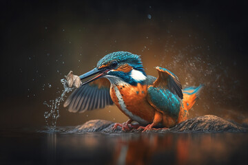 Beautiful kingfisher catching a fish. Generative AI