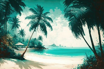 Tropical paradise with a white sandy beach, turquoise water and palm trees swaying in the gentle breeze. Generative AI