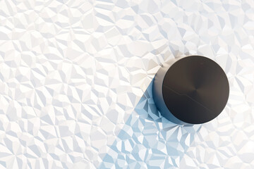 Metal like futuristic cylinder circle on geometric sun lit white background. Logo background template. Wide angle.