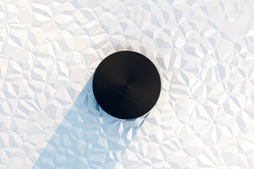 Metal like futuristic cylinder circle on geometric sun lit white background. Logo background template.