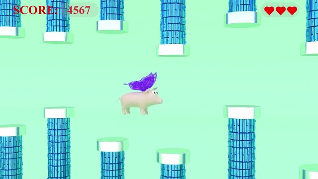 Flappy pig character butterfly wings 3d 2d game fake pork fly 4k