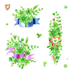 Lovely flower compositions, made from ribbons, flowers, hearts and twigs. Green watercolor illustration isolation on a white background. - 572633338