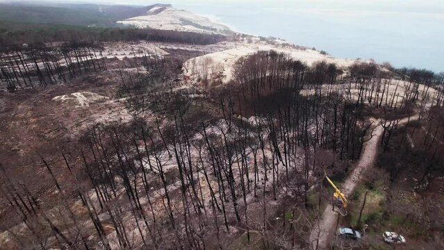 Aerial View Of Campsites Destroyed By Fire Near The Dune Of PIlat In Landes, France.
