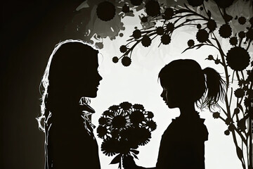 Card of Happy Mother's Day. Beautiful mother silhouette with her daughter and flowers. Generative AI