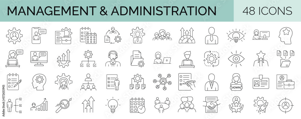 Wall mural set of 48 line icons related to management and administration. editable stroke. vector illustration
