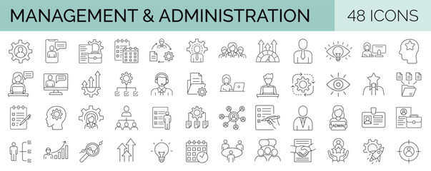Set of 48 line icons related to management and administration. Editable stroke. Vector illustration - obrazy, fototapety, plakaty