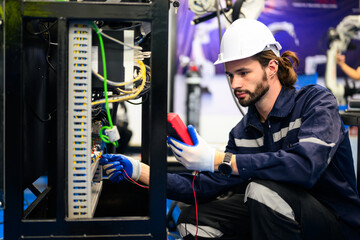 Fototapeta na wymiar Technician engineer holding robot controller checking and repairing automatic robotic machine at industrial factory, Worker working with robotic arm system in factory
