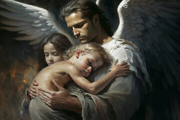 A passed away dad is now an angel in heaven, comes to hug his young children goodbye and spread love and protection over them, spiritual