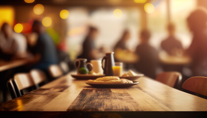 Table en bois vide, vue de dessus, avec un fond restaurant bar flou, des gens mangent et boivent (AI) - obrazy, fototapety, plakaty