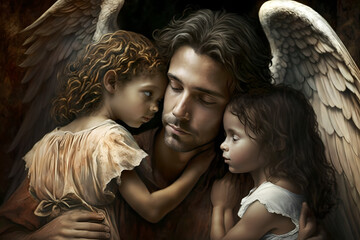 A passed away dad is now an angel in heaven, comes to hug his young children goodbye and spread love and protection over them, spiritual